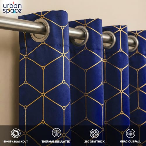 Image of Urban Space 80-85% True Blackout Curtains for Door, Gold Foil Printed Blackout Curtains, Blackout Decorative Door Curtain Eyelet with Tieback, 1 Piece Curtain for Living Room(Hex Navy Blue, 7 Feet)