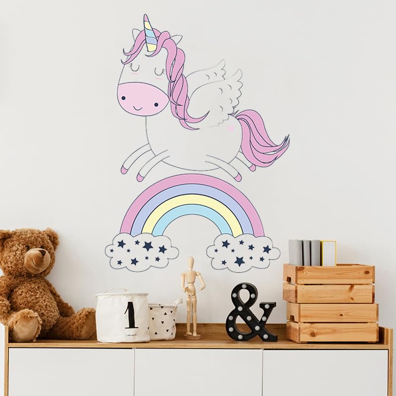 Image of Unicorn and Rainbow Wall Decal for Kids Nursery Decor, Bedroom Wall Stickers, Playroom Decoration, Baby Room Art-Self-Adhesive