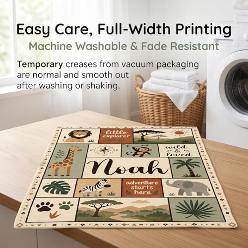 Image of Personalized Baby Blanket with Name, Custom Soft Flannel Nursery Blankets for Boys Girls, Safari Woodland Dinosaur Space Themed Toddler Throw, Customized Newborn Gift for Baby Shower Birthday