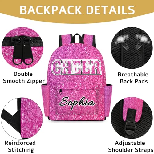 Personalized Cheer Backpack Bag for Women, Custom Large Capacity Shoulder Bags, Waterproof Cheerleader Casual Daypack, Pink Glitter2