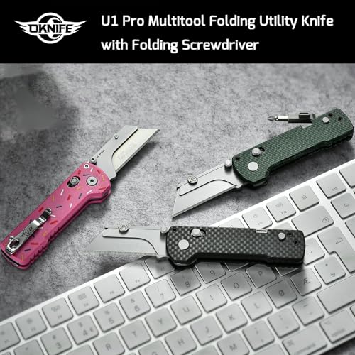OKNIFE U1 Pro Multitool Folding Utility Knife with Folding Screwdriver, Quick Change Blade, Rail Lock & Pocket Clip for Men Women (Carbon Fiber Black)