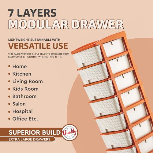 Image of HORPIN 7-Layer Plastic Drawer Storage Organiser | Modular Kitchen & Toy Organizer For Kids Room | Home, Office, Parlor, School, Doctors, Home And Kids | Brown & White (7XL Set)