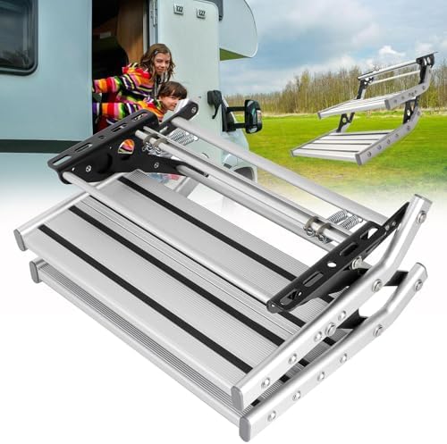 Folding Electric Camper Steps for RV, 2-Step Lightweight Step Stool Ladder, Manual Automatic with LED Light, Portable Foldable RV Steps for Travel Trailers