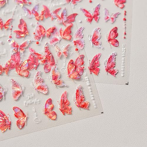 Embossed Nail Art Stickers 5D Red Butterfly Nail Decals for Women Girls Spring Adorable Salon DIY Acrylic Nails Design Supplies (Butterfly B)