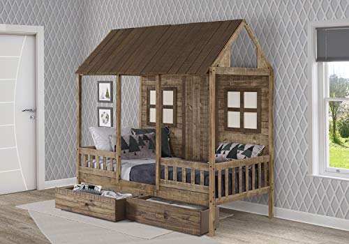 Donco Kids Twin Front Porch Low Loft W/Dual Under-Bed Drawers, Rustic Driftwood (1899-Trd_1897-Rd) #TOP1