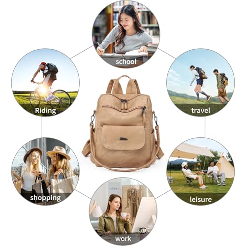 Image of Backpack Purse for Women, PU Leather Backpack Purse, Fashion Travel Anti Theft Backpack, Multipurpose Lightweight Waterproof Convertible Purse Shoulder Bag Handbag, Kakhi