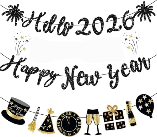 Happy New Year Banner 2026 Black Glitter Hello 2026 & New Years sign ...
