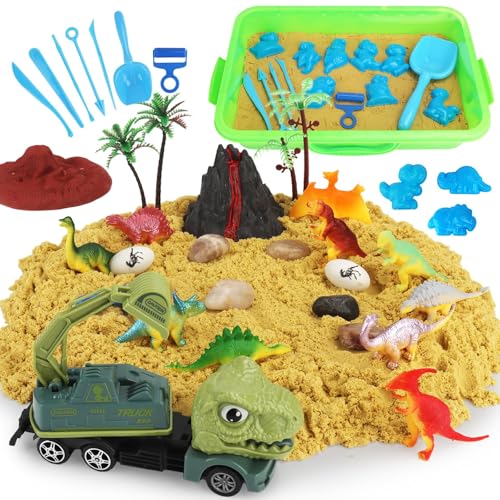 ZUSUZU Jouets Dinosaures et Ensemble,Sable Magique & Dinosaure Jouets & Moules de Sable & camions,Jouets Sensoriels Magique pour Enfants,Parfait pour Les Enfants à partir de 3 Ans