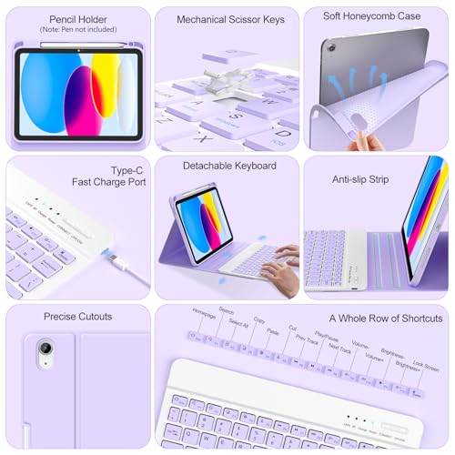 Image of COO Keyboard Case for iPad 11th A16 /10th Gen | Detachable Bluetooth Keyboard, Pencil Holder, Auto Wake /Sleep, 3 Angles, Shockproof PU TPU Cover, Purple