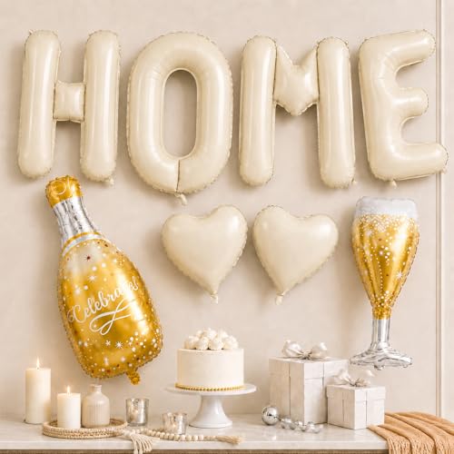 40 Inch Home Balloons Beige Housewarming Party Decorations Set with Bottle Balloon Glass Foil Balloon Heart Balloons for Homecoming Cream New Home Letter Banner Welcome Sign Party Decor
