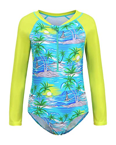 Image of Girls Rash Guard Long Sleeve One Piece Swimsuits Stripes Zipper Bathing Suits UPF 50+ /Sun Protection