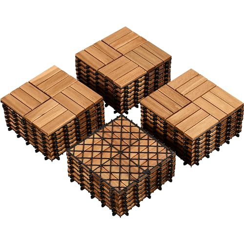 Yaheetech 27pcs Hardwood Interlocking Patio Deck Tiles Acacia Waterproof Wood Flooring Tiles for Patio Garden Poolside, 12'' x12'' Indoor Outdoor Use All Weather