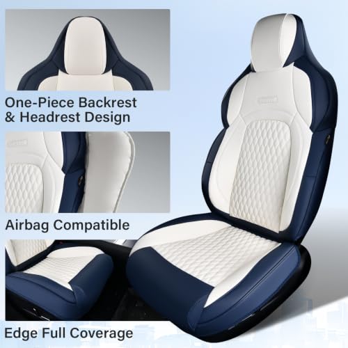 Image of Coverado Front Seat Covers for Tesla Model 3, New Car Seat Covers, Front 2PCS Leatherette Car Seat Cover Seat Protector Custom for Tesla Model 3 2024-2025 New BlueWhite