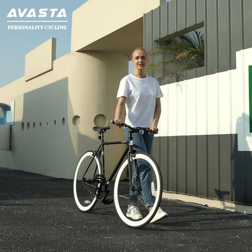 AVASTA Single-Speed Fixed Gear Urban Commuter Bike for Women and Men, Lightweight Unisex Fixie Bike, Flat Handlebar Flip Flop Hub City Road Bicycle, 54 Black & White