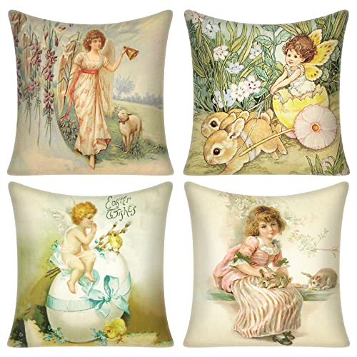 Rtteri 4 Stück Vintage Ostern Kissenbezüge 45,7 x 45,7 cm Retro Osterkissen Kissenbezüge Osterei Hase Kissenbezug Urlaub Jahrestag Hochzeit Kissen Kissenbezug Geschenk für Sofa Couch Heimdekoration Cover