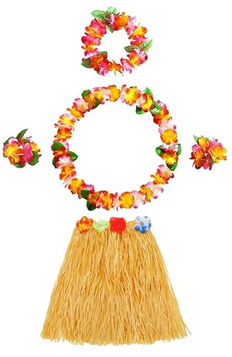 5Pcs Hawaiian Leis Hula Grass Skirt Set, Hawaiian Flower Leis Necklace Headband Bracelets Luau Skirts, Hawaii Luau Skirts Necklace Costume For Kids and Adults Summer Beach Tropical Party Decorations