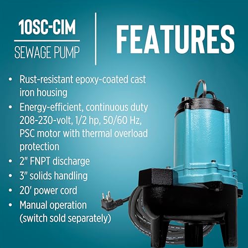 Little Giant 10SC-CIM, 208-230-Volt, 7200 GPH, 1/2 HP Manual Cast Iron Sewage/Effluent Pump (No Switch) with 2-inch FNPT Discharge and 20-Ft. Cord, Blue, 511438 by Little Giant - Image 2