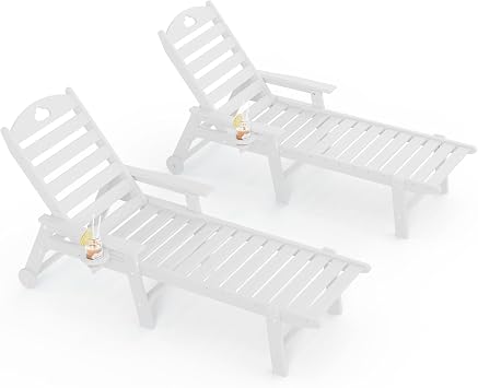 Pool Lounge Chair Outdoor, HDPE Oversize Chaise Lounge Outdoor Chair with Wheels and Cupholder, 6-Position Adjustable, for Pool, Patio, Lawn, Garden, Poolside White, 2