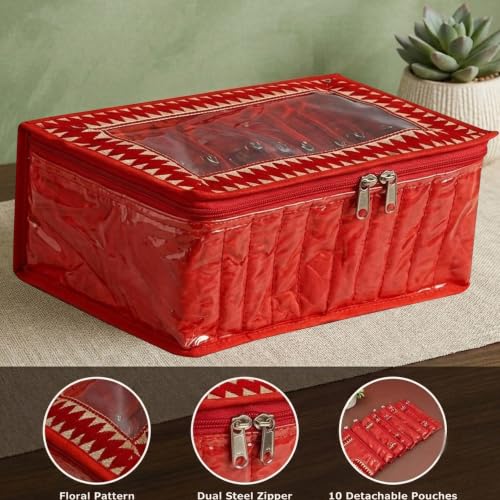 Image of Kuber Industries PVC Jewellery Organizer 10 Detachable Transparent Pouch with Zip | Laminated & Cushioned All 10 Packets Storing Accessorie | Red