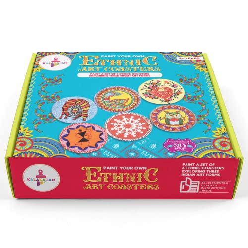 Image of Kalakaram Paint Your Own Ethnic Art Coasters DIY Kit with Design Paint 6 Coasters with 3 Art Forms