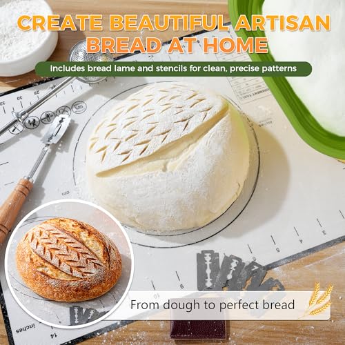 Image of Sourdough Starter Kit for Beginners, 34 oz Starter Jar with Scale Marking, 2 Silicone Proofing Baskets, Complete Bread Baking Kit with Guide & Recipes, Easy to Use & Clean - Green