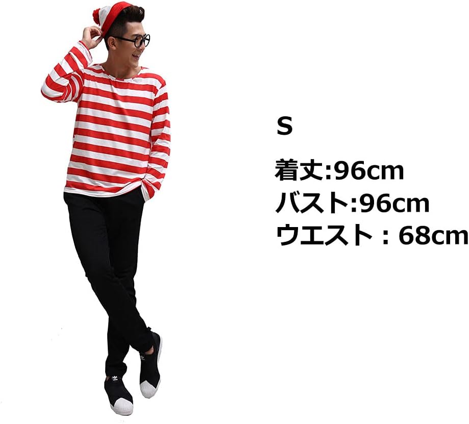 ウォーリー コスプレ メンズ 衣装 ハロウィン 仮装 大人 コスチューム 男 3点セット (シャツ・帽子・メガネ) (Sサイズ)