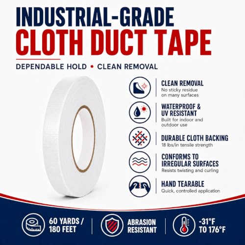 Image of GGR Supplies CDT-36 Industrial Grade Cloth Duct Tape, White 4 Inch x 60 Yards, Waterproof UV Resistant Heavy Duty, Clean Removal with No Sticky Residue for Repairs, Packaging, and Bundling