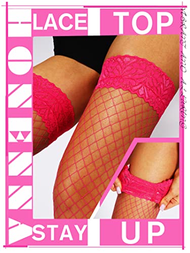 Image of HONENNA Fishnet Thigh High Stockings, 20+ Colors Silicone Lace Top Stay Up Nylons Tights for Woman, Size A-D