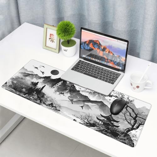 Image of Black White Japanese Watercolor Cherry Blossom Gaming Mouse Pad 31.5x11.8 XL Extended Mousepad Large Keyboard Mouse Mat Desk Pad with Non-Slip Rubber Base Stitched Edges for Home Office Game