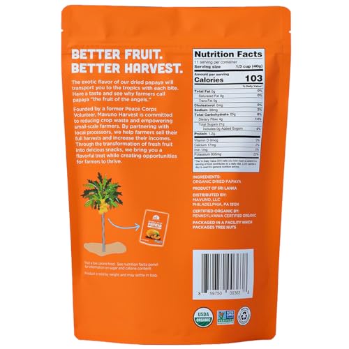 Mavuno Harvest Papaya Dried Fruit Snacks | Organic Dried Papaya Slices | Gluten Free Healthy Snacks for Kids and Adults | No Sugar Added, Vegan, Non GMO, Direct Trade | 1 Pound Resealable Bag