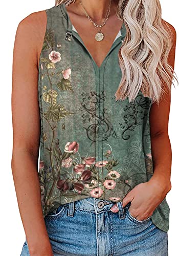 Soesdemo Women's Tank Shirt Keyhole V Neck Sleeveless Summer Casual Loose Fit Business Cute Floral Basic, Green Floral Printed, X-Large #TOP2
