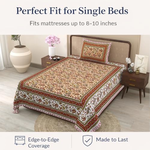 Image of elanorhomes 100% Cotton 240 TC Single Bed Sheet Set | Floral Hand Printed Bedsheet with Pillow Cover | Soft Breathable Fabric for Bedroom | 60x90 Inches (Scarlet Tide)