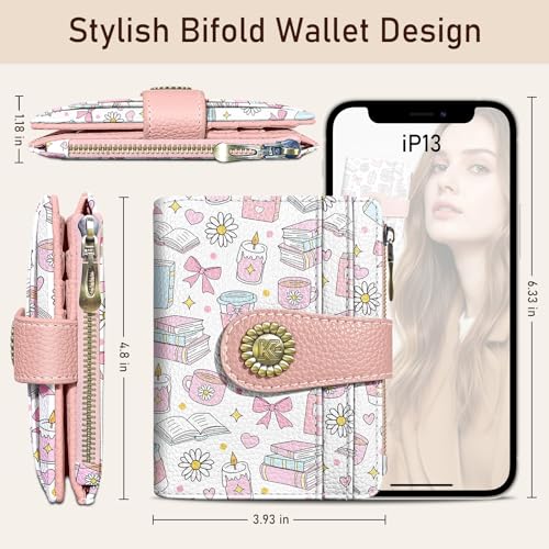 Image of Kelvoris Cute Book Lover Coffee Small Rfid Women Wallet Zipper Coin Pocket | Bifold PU Leather Compact Cash Credit Card Holder Travel Purse for Female Ladies Teen Girly Girls 1 ID Window 10 Card Slots