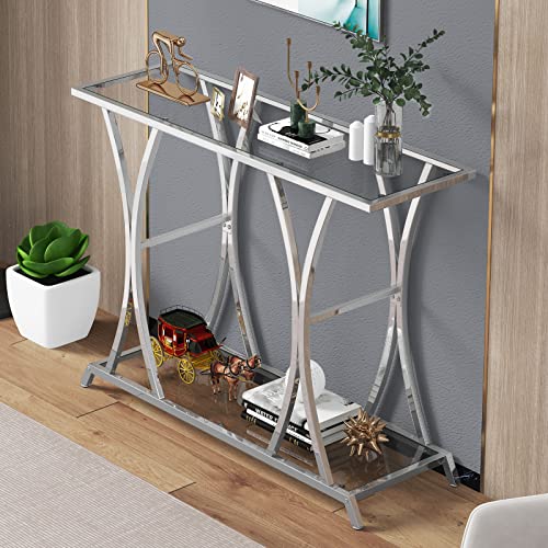Asya 2-Tier Glass Entryway Table, Console Tables For Entryway With Chrome Frame, Silver Glass Sofa Table For Entryway, Living Room thumb #7