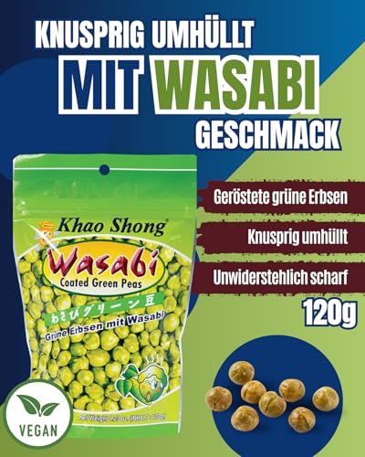 Khao Shong - Grüne Erbsen im Teigmantel umhüllt mit Wasabi Geschmack - Scharfer Asia Snack & Knabberartikel aus Thailand - 1 x 120 g
