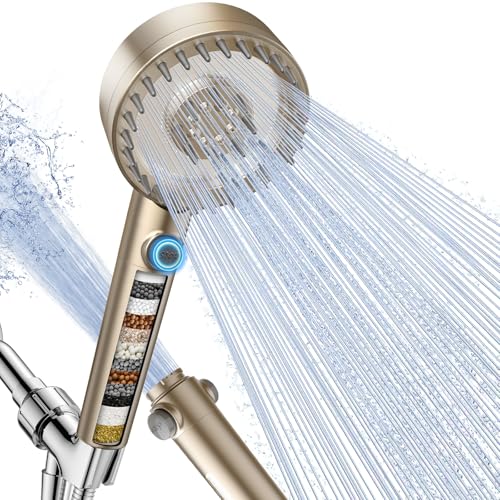 Image of PWERAN Filtered Shower Head with Handheld, High Pressure 4 Spray Mode Showerhead with Filters, Water Softener Beads for Hard Water with ON /OFF Switch for Pets - Remove Chlorine (Golden, 5 Inch Panel)
