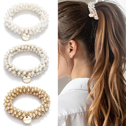 3 Pezzi Corda per Capelli di Perle Elastico Donna Lacci Elastici con Perline Adatto a Lisci Ricci e Lunghi Resistente che Valorizza Facilmente il Tuo Stile