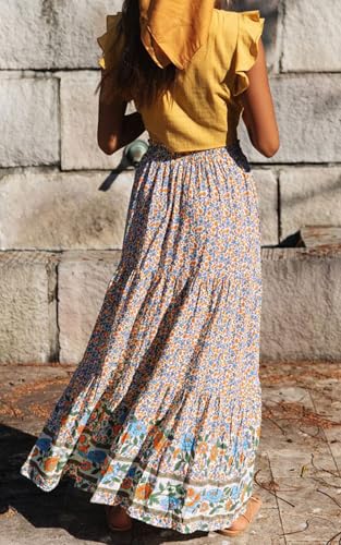 Image of ZESICA Women's 2026 Summer Bohemian Floral Printed Elastic Waist A Line Maxi Skirt with Pockets