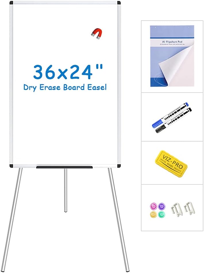 VIZ-PRO Magnetic Whiteboard Easel, 36 x 24 Inches, Portable Dry Erase Board Height Adjustable for School Office and Home : Office Products