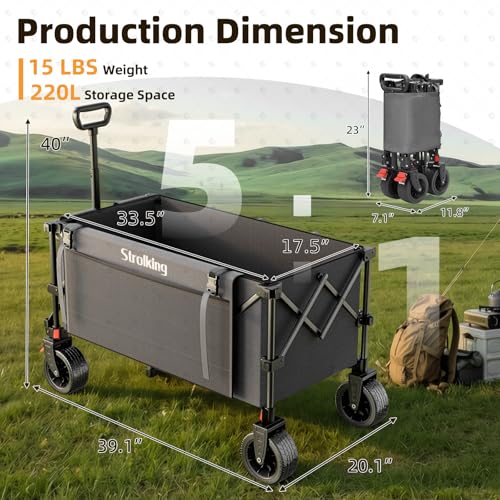 Image of 220L Collapsible Wagon Cart, 39 inch L Extended Frame and 440Lbs Heavy Duty, Lightweight 15lbs Folding Garden Cart with Silent All-Terrain Wheels for Beach, Camping Grass and Grocery, Grey
