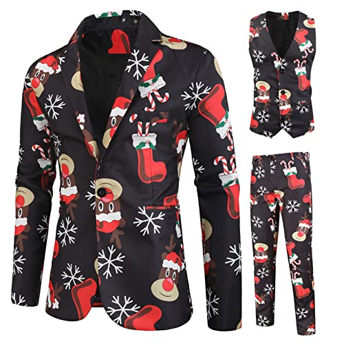 Costume 3 pièces homme noir en taille M avec veste imprimée et gilet