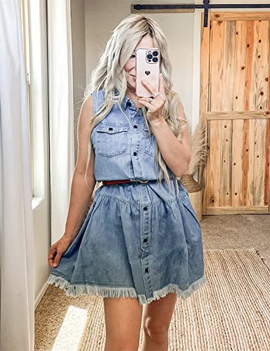Image of luvamia Women's Casual Summer Lapel Sleeveless Button Down Short Denim Jean Dress