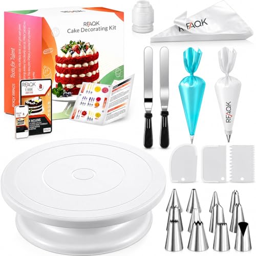 RFAQK 72PCs Cake Decorating Supplies Kit for Beginners - Cake Turntable with 50 Piping Bags Bags Coupler 12 Numbered Piping Tips Offset & Straight Spatula Icing Scrapper Set for Cake Decoration