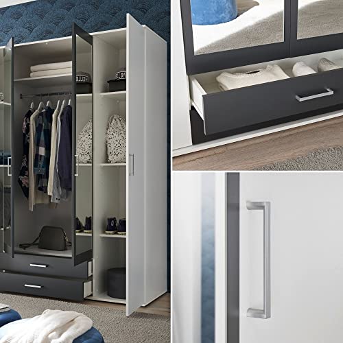 Stella Trading HANAU Kleiderschrank mit Spiegeltür in Weiß, Graphit - Vielseitiger Drehtürenschrank 4-türig für Ihr Schlafzimmer - 160 x 196 x 54 cm (B/H/T)