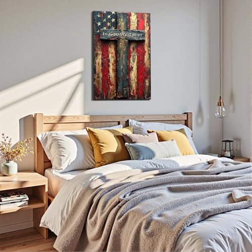Image of Framed Vintage Cross American Flag Wall Art, Patriotic Rustic Canvas Art Pictures, USA Flag Wall Decor, Made in USA Ready to Hang for Living Room Garage