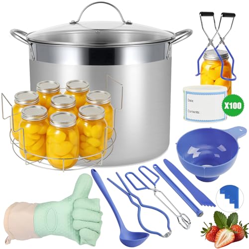 HOMKULA Stainless Steel Canning Pot with Rack and Lid, Large Water Bath Canner, Full Home Canning Supplies Starter Kit (27.5 Quarts, Blue)