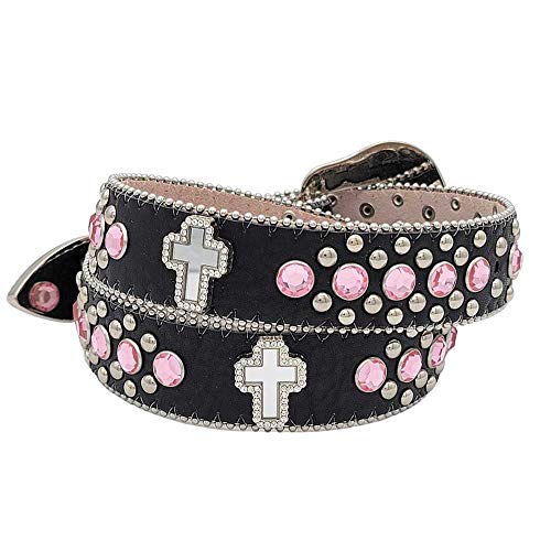 Xs-1371-Kids Girls Western Belts Cross Rhinestone Belts (N-Black-Pink) #TOP1