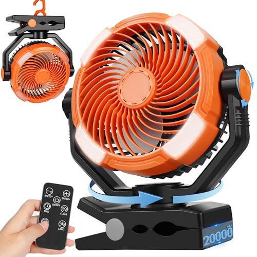 DUKUSEEK Ventilador portátil de camping con linterna LED, ventilador personal recargable de 20000 mAh, rotación de 360°, ventiladores USB silenciosos con gancho para colgar, ventilador de clip de 9