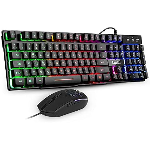 mafiti Gaming Keyboard Mouse Set, RK101 7 Rainbow Backlit Keyboard with Mechanical Feeling Breathing Light for Working or Gaming, UK Layout Cover