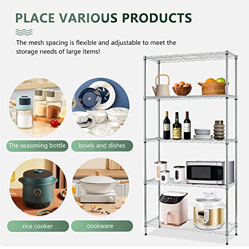 image for BestOffice | 5-Tier Wire Storage Shelves with Wheels | 14x30x60 | Chro
